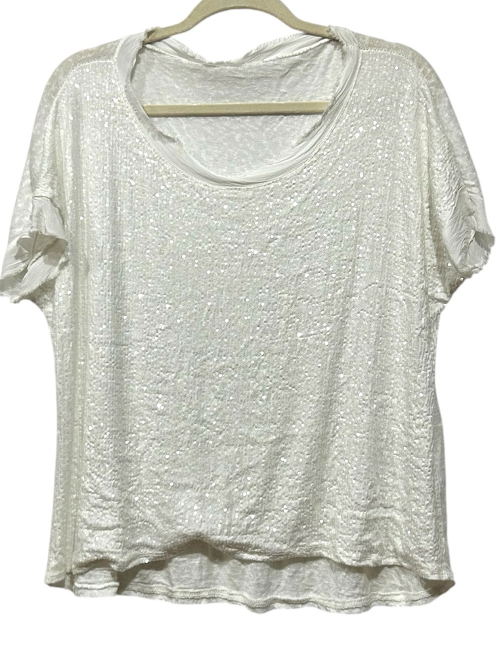 Sequined Top Made in Italy Linen Blend White Short Sleeve Sparkly Luxe Tee M